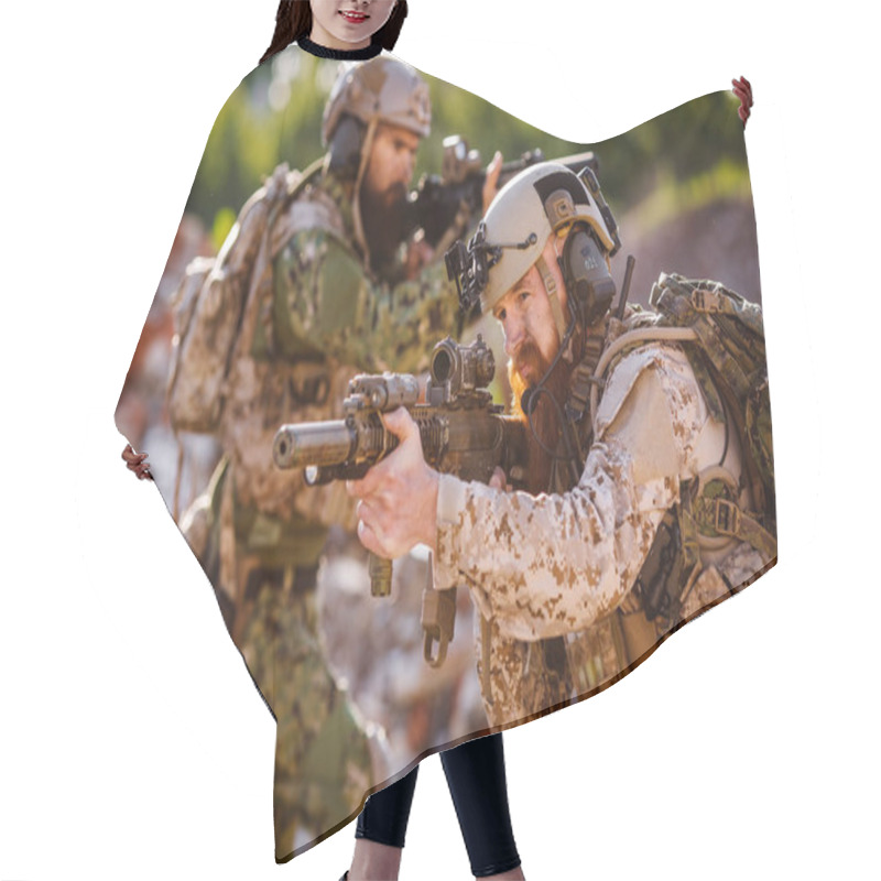 Personality  Rangers With Assault Rifles On Battlefield Background. Army, Mil Hair Cutting Cape