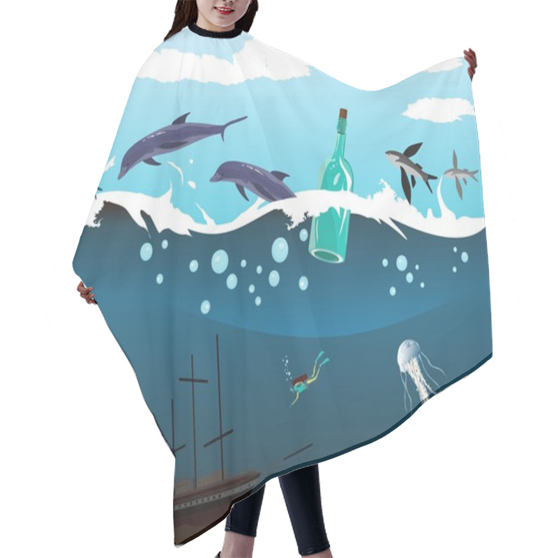 Personality  Wreck In The Ocean , Underwater World, Sea Depth, Dolphins,bottle. Hair Cutting Cape