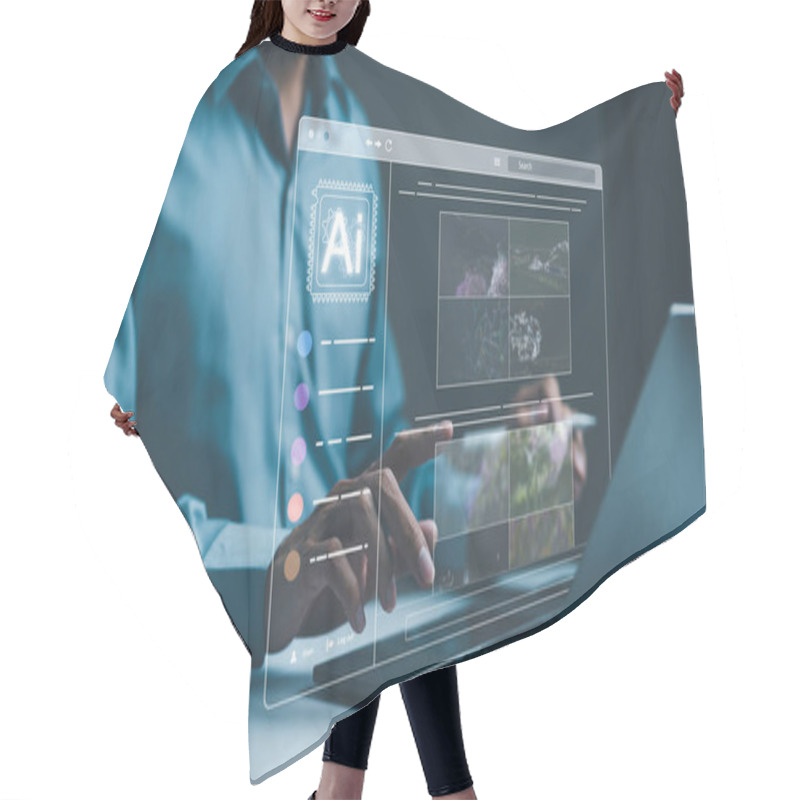 Personality  AI Image Creation Technology. Man Use AI Software On A Laptop To Generate Images, Showcasing A Futuristic User Interface. Screen With Visual Prompt. Image Generated By Artificial Intelligence. Photo, Hair Cutting Cape