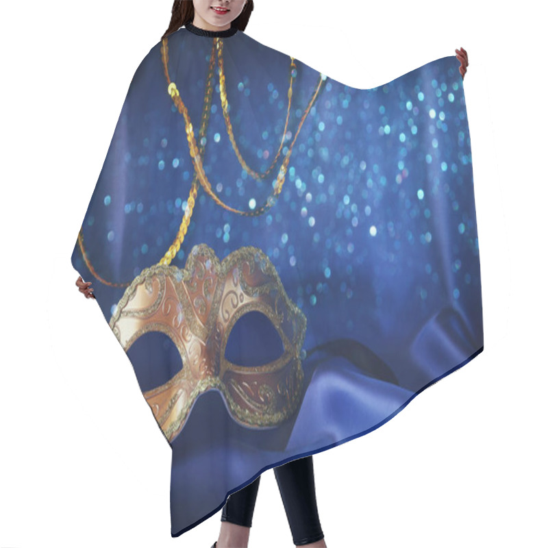 Personality  Gold Venetian Mask On Blue Silk Background Hair Cutting Cape