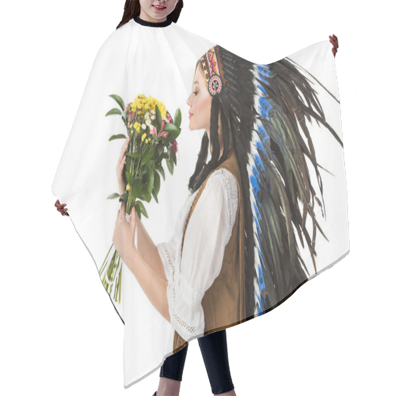 Personality  Side View Of Pretty Boho Girl In Indian Headdress Holding Flowers Isolated On White Hair Cutting Cape