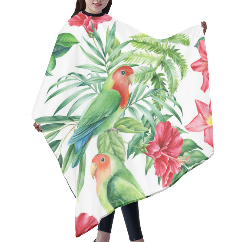 Personality  Seamless Patterns. Parrots And Palm Leaves, Tropical Plants On White Background, Watercolor Botanical Illustration Hair Cutting Cape