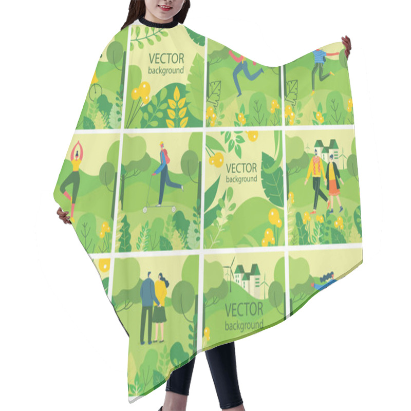 Personality  Vector Illustration Of People In Nature Posters Set Hair Cutting Cape