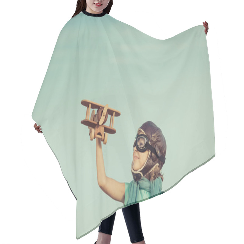 Personality  Happy Child Playing With Toy Wooden Airplane Hair Cutting Cape