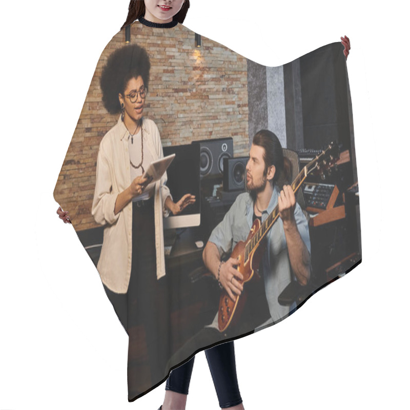 Personality  Woman And Man Collaborate In Music Band Rehearsal Within Recording Studio. Hair Cutting Cape