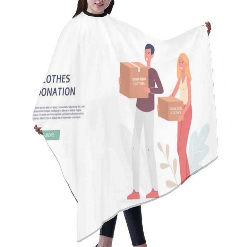 Personality  Website Banner For Clothing Donation With Volunteers, Flat Vector Illustration. Hair Cutting Cape