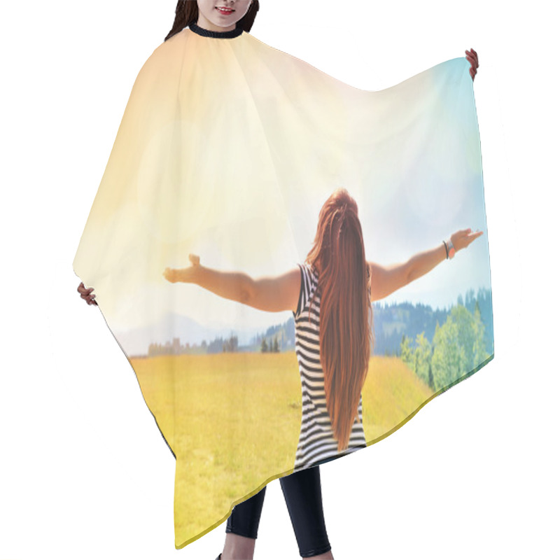 Personality  Young Girl Spreading Hands With Joy And Inspiration  Hair Cutting Cape