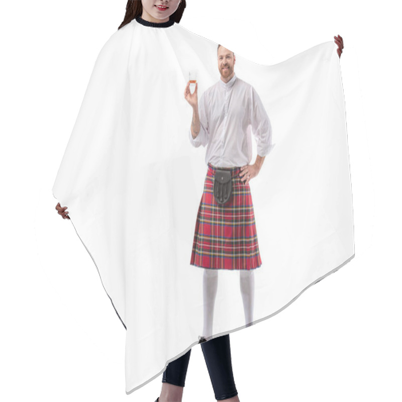 Personality  Smiling Scottish Redhead Man In Red Kilt With Whiskey In Glass On White Background Hair Cutting Cape