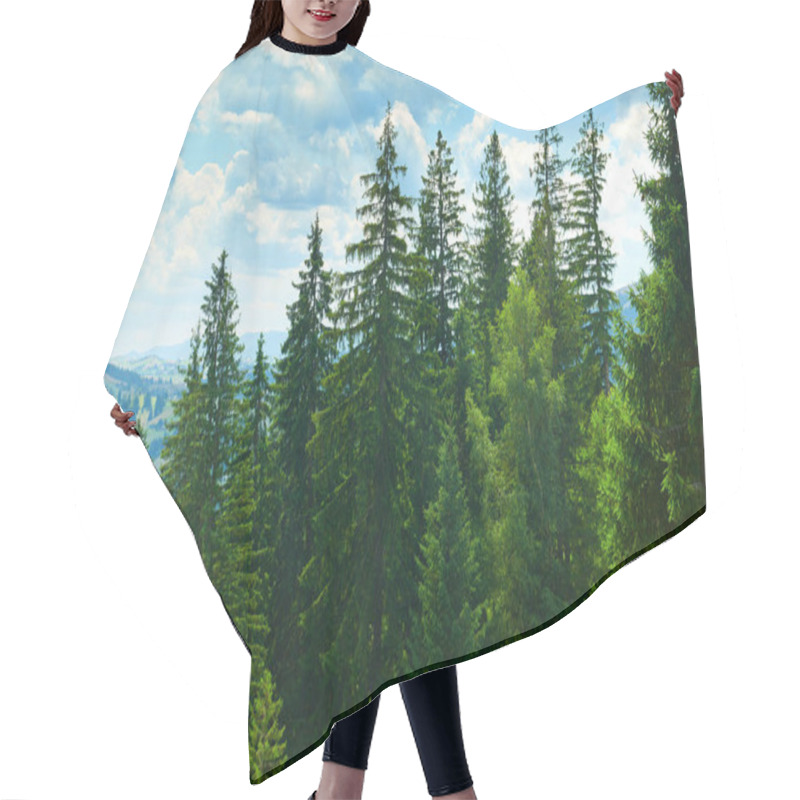 Personality  Beautiful Summer Landscape, Spruces On Hills, Cloudy Sky And Wildflowers - Travel Destination Scenic, Carpathian Mountains Hair Cutting Cape