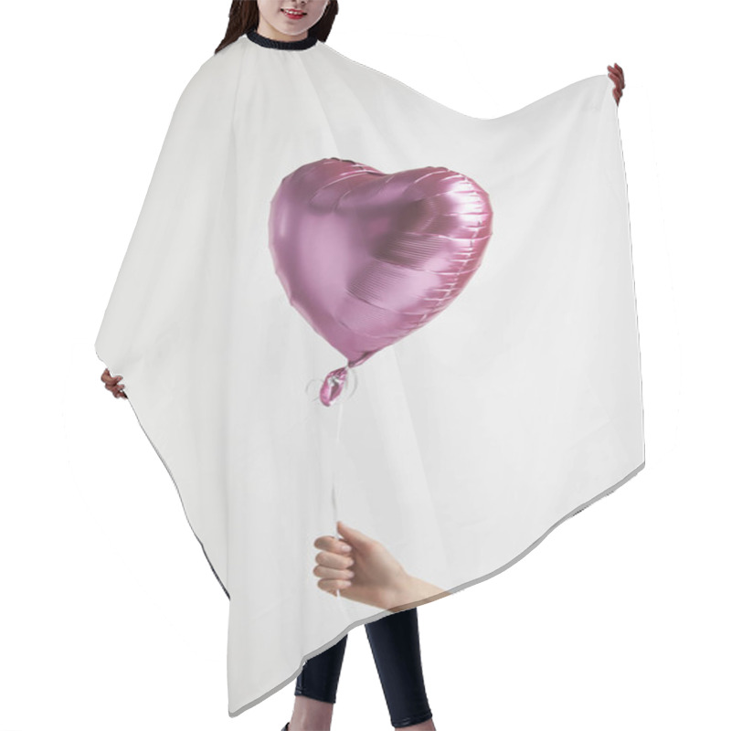 Personality  Cropped View Of Girl Holding Heart-shaped Pink Air Balloon Isolated On White Hair Cutting Cape