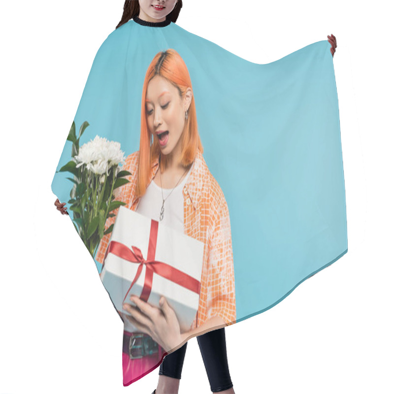 Personality  Floral Bouquet, Holiday, Present, Surprised And Young Asian Woman With Dyed Hair Holding White Flowers And Gift Box On Blue Background, Casual Attire, Generation Z, Festive Celebration, Birthday Hair Cutting Cape