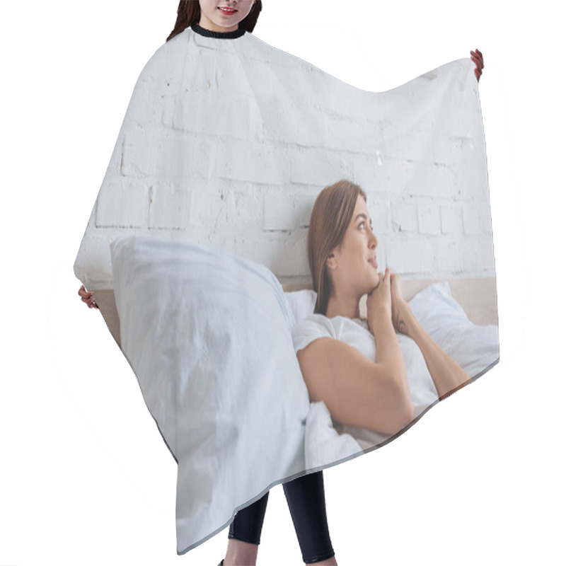 Personality  Young Smiling Woman Dreaming While Lying On Bed  Hair Cutting Cape