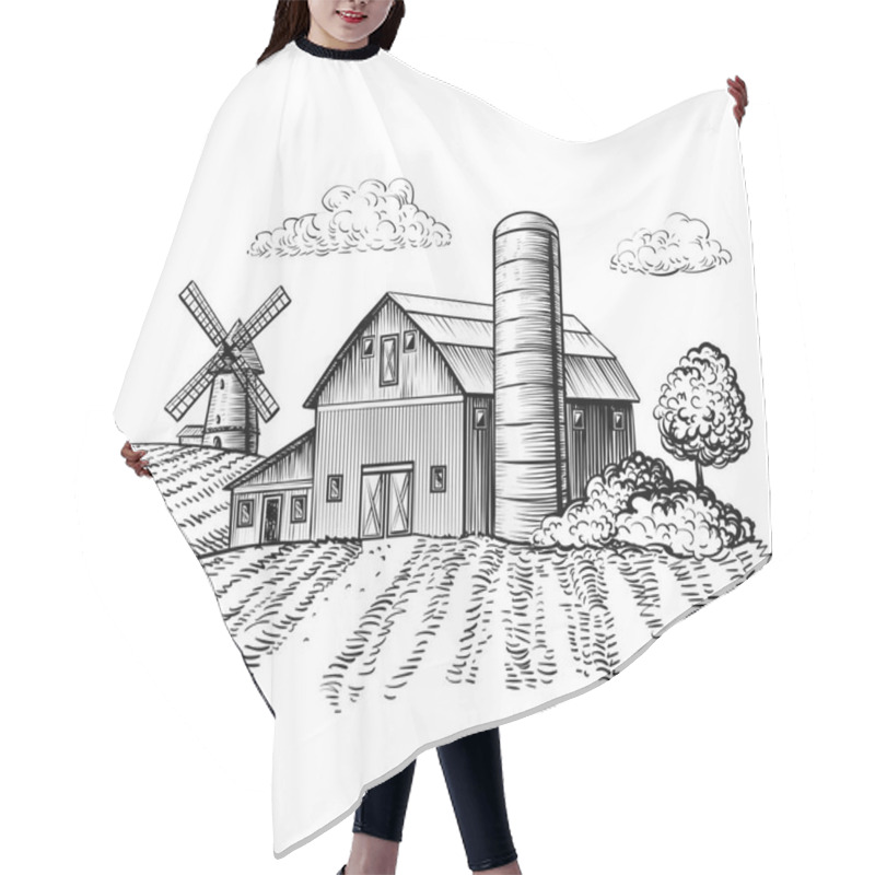 Personality  Rural Landscape, Farm Barn And Windmill Sketch. Hand Draw Illustration Of Countryside Natural Scenic. Agricultural Farmhouse And Field. Vector Monochrome Outline Image Hair Cutting Cape