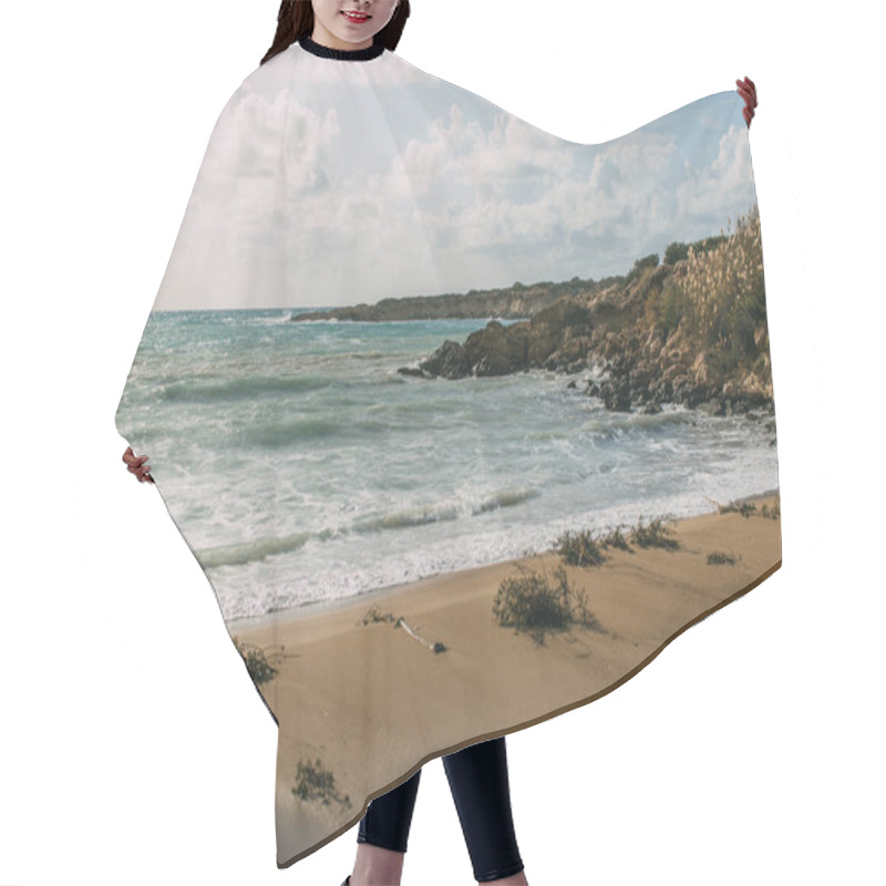 Personality  Wet And Sandy Beach Near Mediterranean Sea Against Blue Sky Hair Cutting Cape