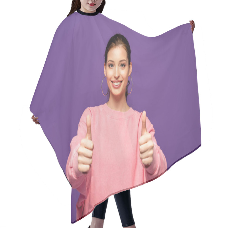 Personality  Attractive Girl Smiling At Camera While Showing Thumbs Up Isolated On Purple Hair Cutting Cape