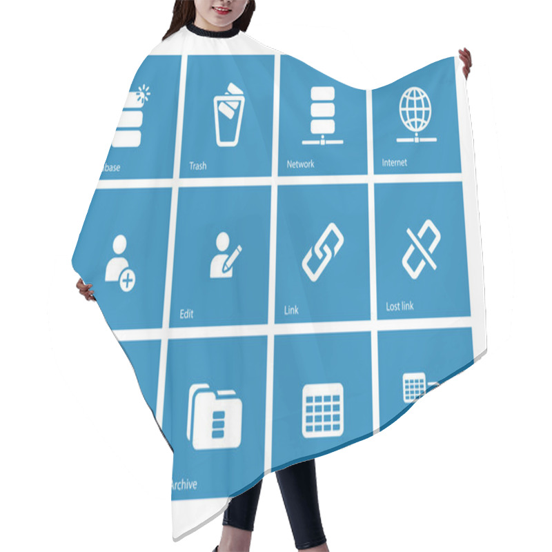 Personality  Database Icons On Blue Background. Hair Cutting Cape