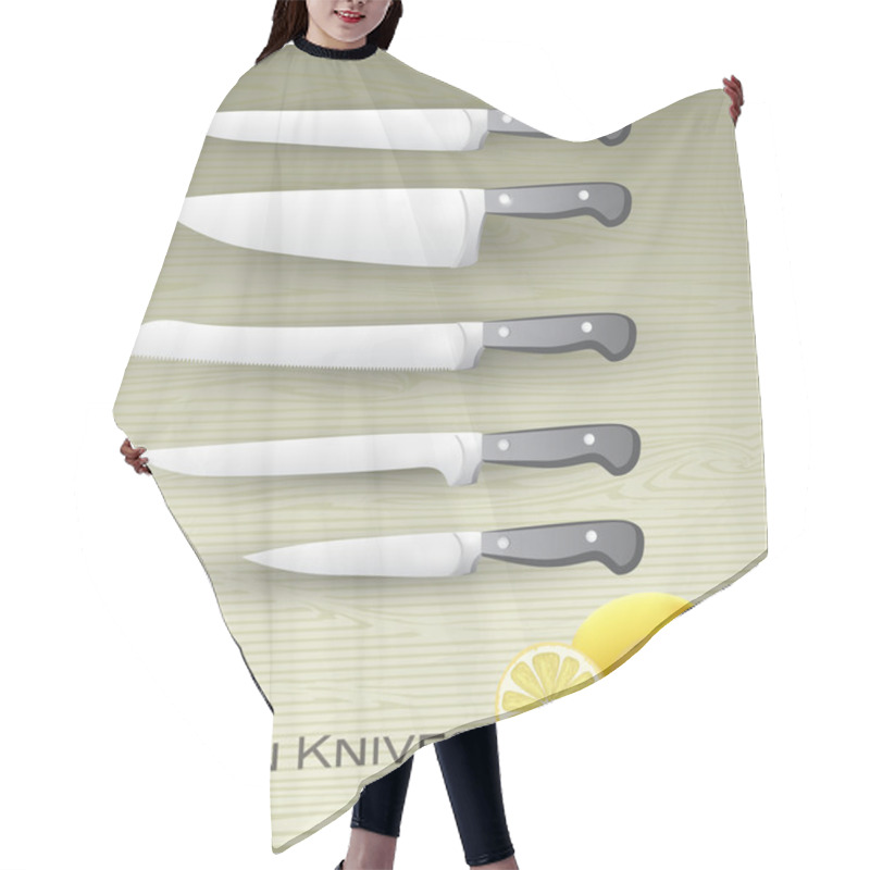 Personality  Vector Set Of Kitchen Knives. Hair Cutting Cape