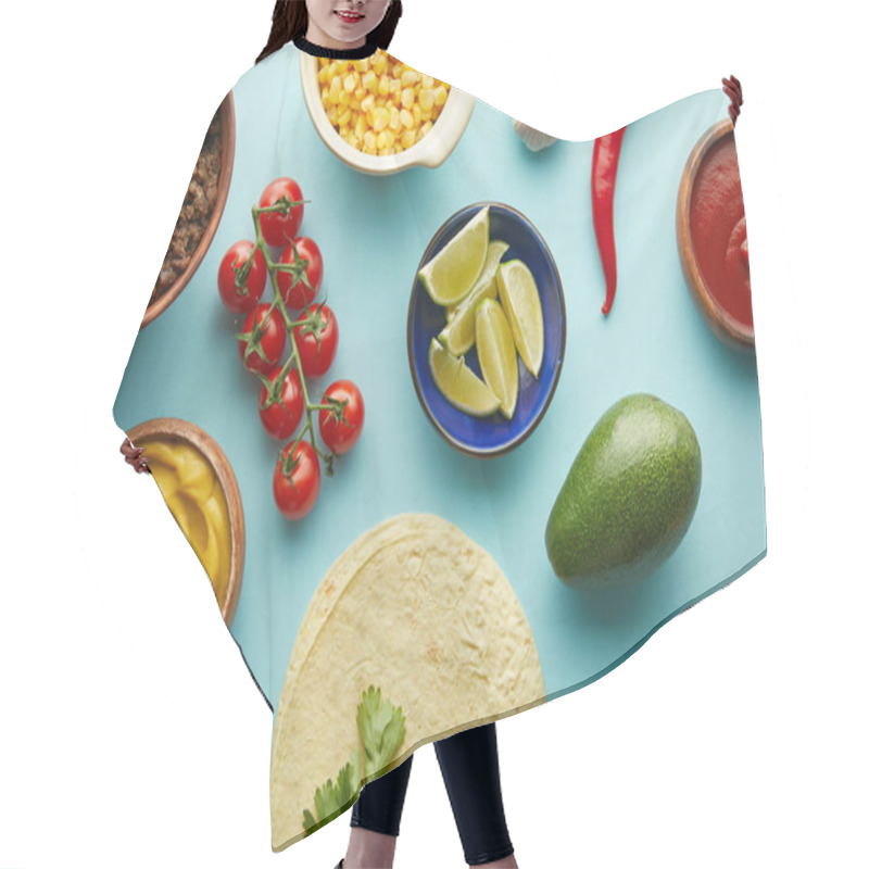 Personality  Fresh Tortillas With Taco Ingredients, Mustard And Tomato Sauce On Blue Background Hair Cutting Cape