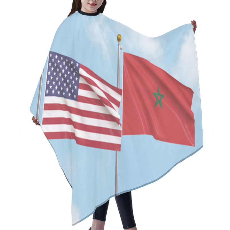 Personality  Waving Flags Of The United States Of America And Morocco On Sky Background. Illustrating International Diplomacy, Friendship And Partnership With Soaring Flags Against The Sky. 3D Illustration Hair Cutting Cape