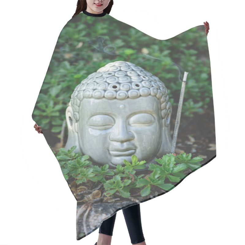 Personality  Close Up Of Buddha Head With Aromatic Smoking Stick And Plants Around Hair Cutting Cape