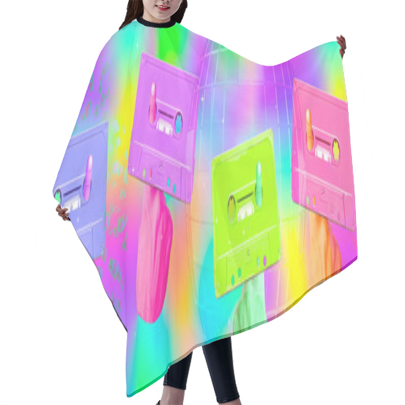 Personality  Contemporary Minimal Art Collage Banner. Audio Cassette, Hand On Abstract Rainbow Background. Retro Party, Music Concept Hair Cutting Cape