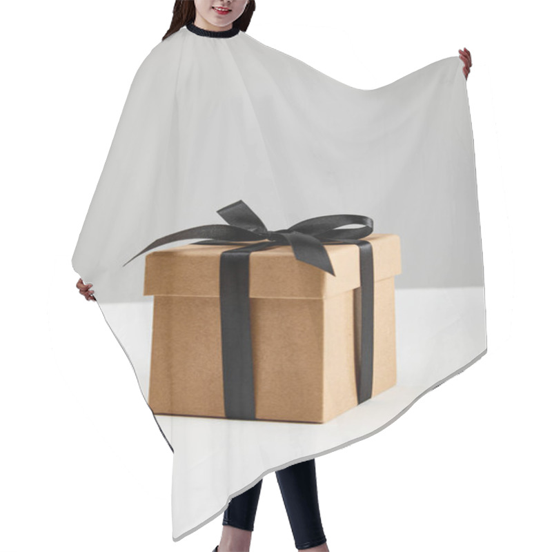 Personality  Cardboard Gift Box With Black Ribbon Isolated On Grey, Black Friday Concept Hair Cutting Cape