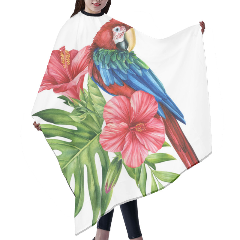 Personality  Beautiful Tropical Bird. Macaw Parrot, Flowers And Leaf In Isolated White Background. Watercolor Illustration Hand Drawing. High Quality Illustration Hair Cutting Cape