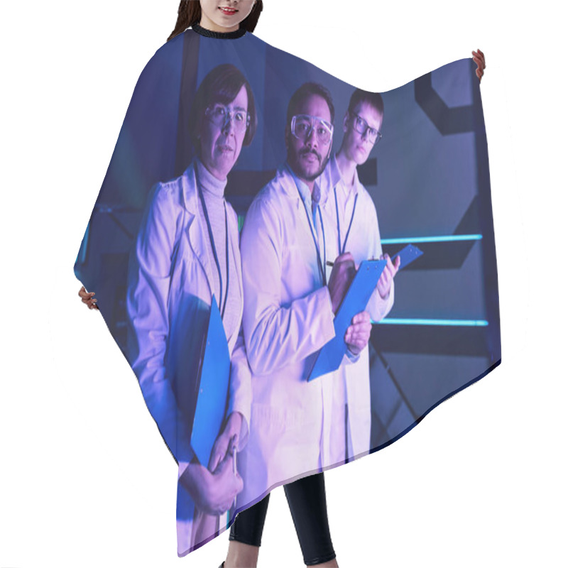 Personality  Futuristic Focus: Three Scientists Engage In Headshot Analysis Within Neon-Lit Science Center. Hair Cutting Cape