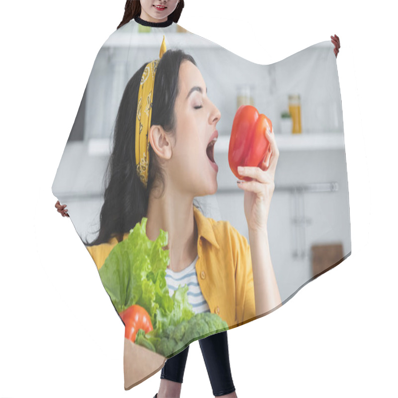 Personality  Young Brunette Woman Biting Red Bell Pepper Hair Cutting Cape