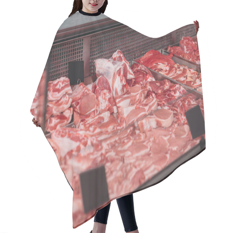 Personality  Close Up View Of Arranged Raw Meat In Grocery Shop Hair Cutting Cape