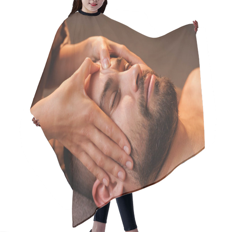 Personality  Man Relaxing During A Head Massage In A Spa With Therapist's Hands On Forehead, Relaxing Massage In A Warm Atmosphere Surrounded By Candles Hair Cutting Cape