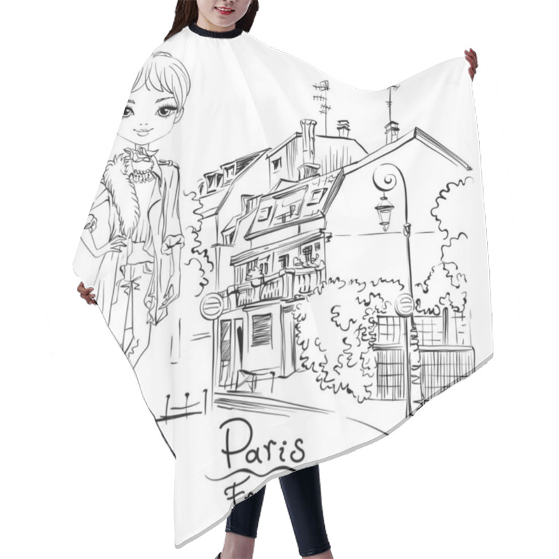 Personality  Vector Cute Girl In Autumn Clothes, Headscarf And Boots, Jacket And Jeans In Paris, France. Black And White Illustration For Coloring Book. Hair Cutting Cape