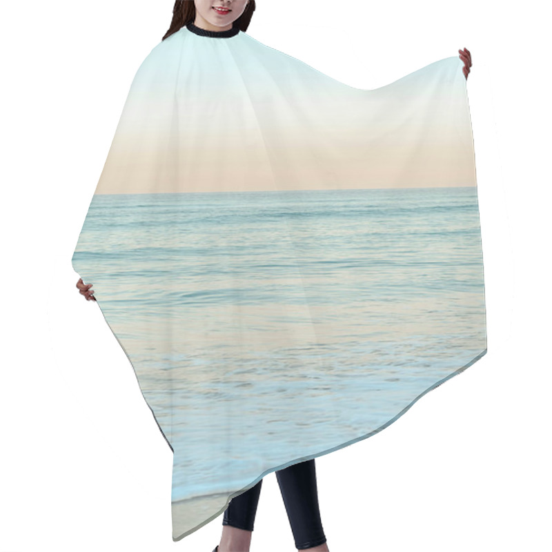 Personality  Serene Coastal View With Gentle Waves At Sunset, Creating A Calming Atmosphere. Hair Cutting Cape