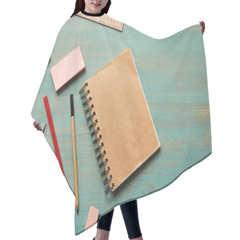 Personality  Top View Of Empty Notebook Near School Supplies At Wooden Table Hair Cutting Cape