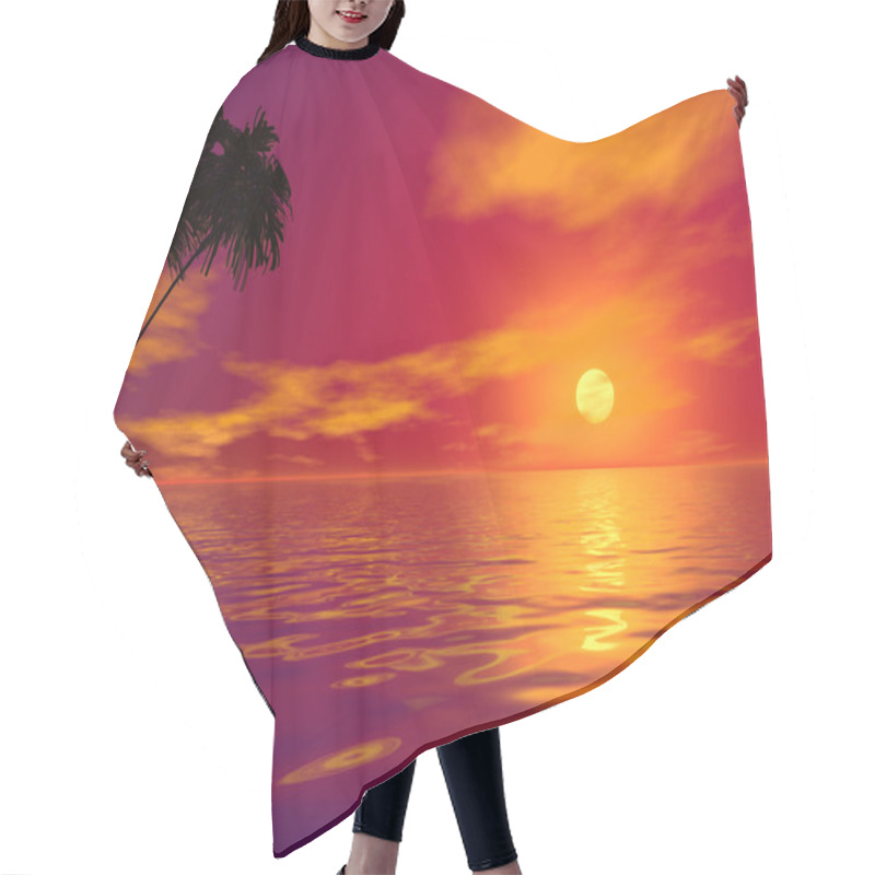 Personality  Palm Tree And Ocean At Sunset. 3D Rendered Work Hair Cutting Cape