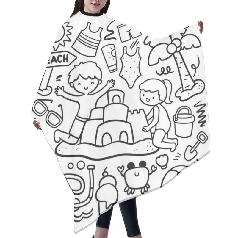 Personality  Cartoon Kids Building Sand Castle On The Beach, Summer Doodle Design Element Hair Cutting Cape