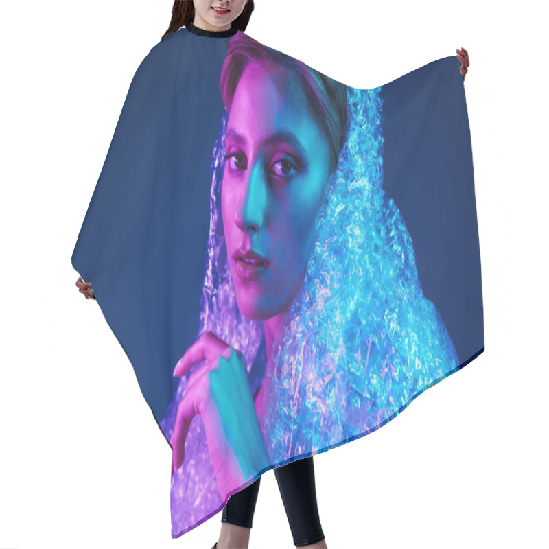 Personality  Woman In Bubble Wrap Glows Under Blue And Pink Light Hair Cutting Cape