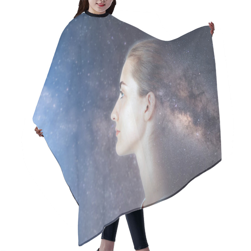 Personality  Futuristic Goal And Solution Think Tank Concept, Double Exposure Overlay Images Of Attractive Woman Portrait With Galaxy Space Planet Earth. Inspiration, Imagination Thinking, And Technology Future  Hair Cutting Cape