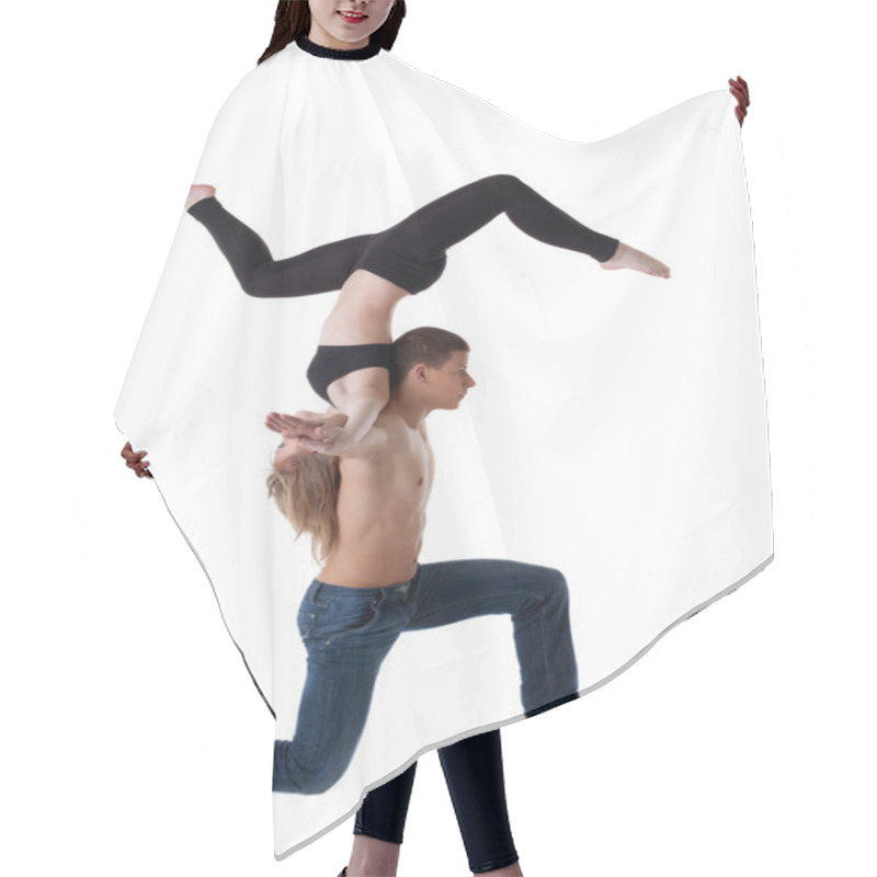 Personality  Two Young Acrobats Show Stand On Hand Hair Cutting Cape