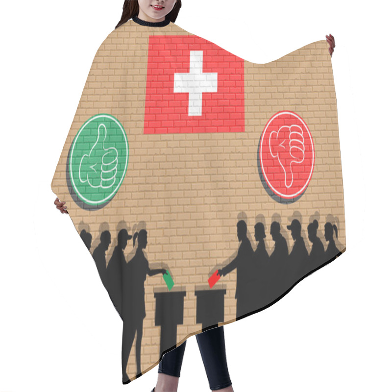 Personality  Swiss Voters Crowd Silhouette In Election With Thumb Icons And Switzerland Flag Graffiti. All The Silhouette Objects, Icons And Background Are In Different Layers.  Hair Cutting Cape