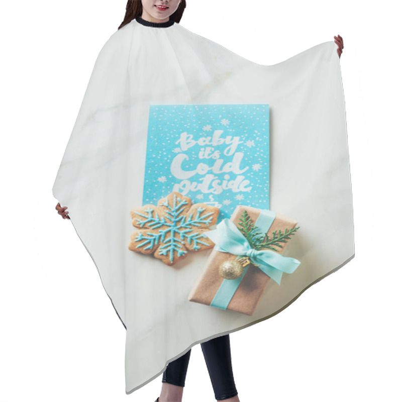 Personality  Top View Of Christmas Present, Snowflake Cookie And Greeting Card With 