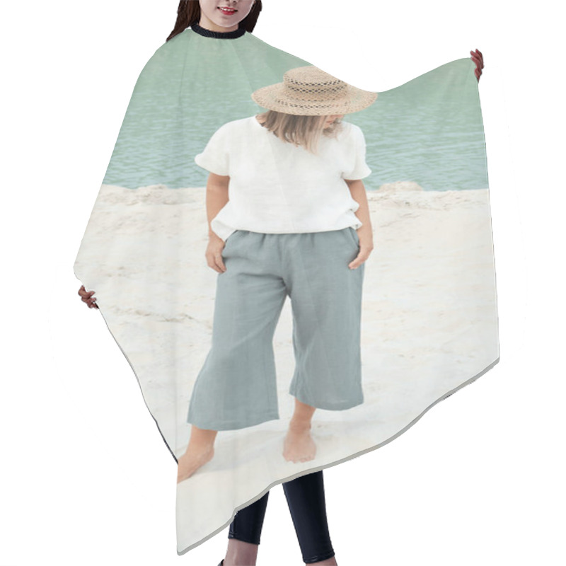 Personality  Stylish Girl In Linen Clothes And Straw Hat. Relaxing In Beach, Simple Slow Life Style Hair Cutting Cape