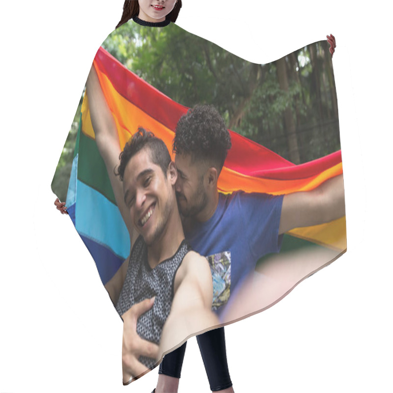 Personality  Gay Couple Taking A Selfie With Rainbow Flag In The Park Hair Cutting Cape