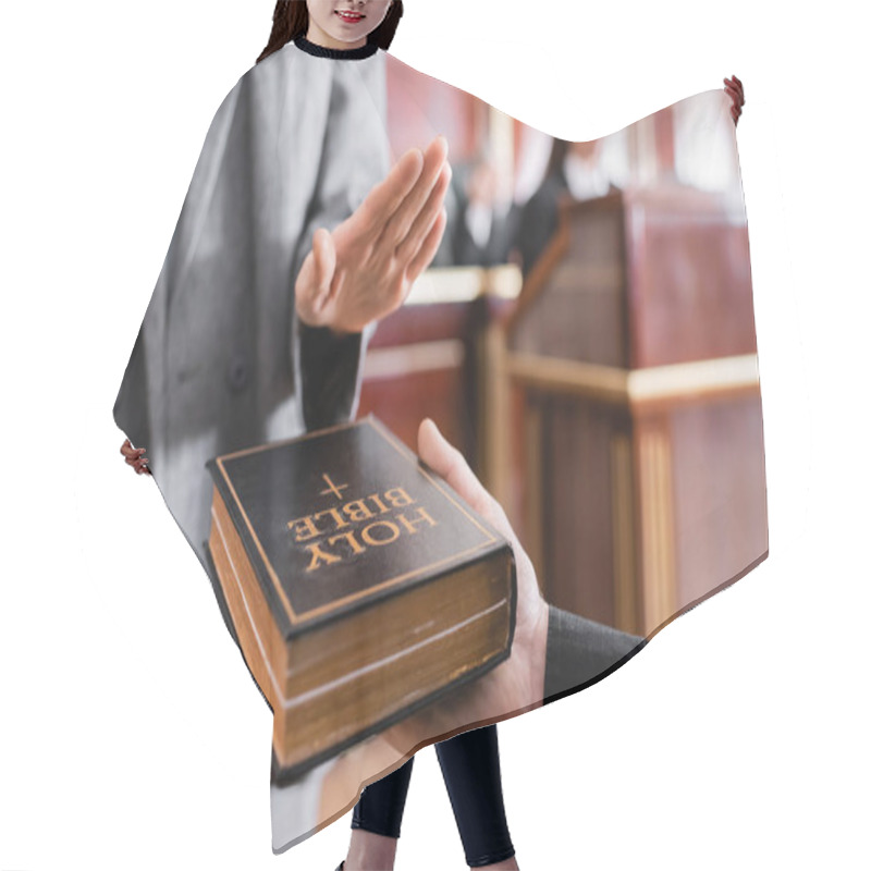 Personality  Cropped View Of Witness Giving Swear On Bible Near Blurred Prosecutor In Courtroom Hair Cutting Cape