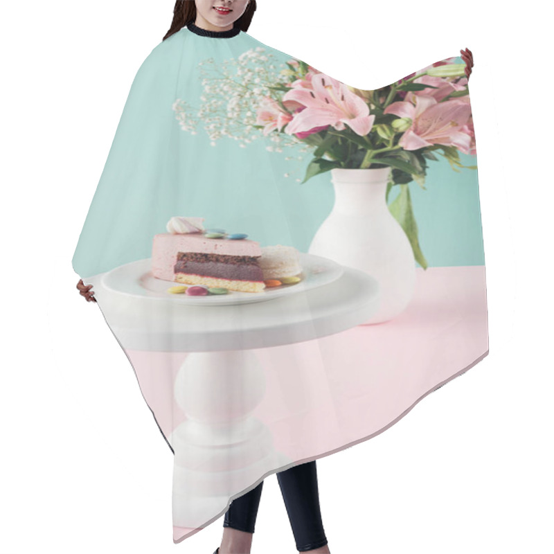 Personality  Piece Of Cake With Marshmallow And Candies On Cake Stand And Bouquet Of Flowers In Vase  Hair Cutting Cape