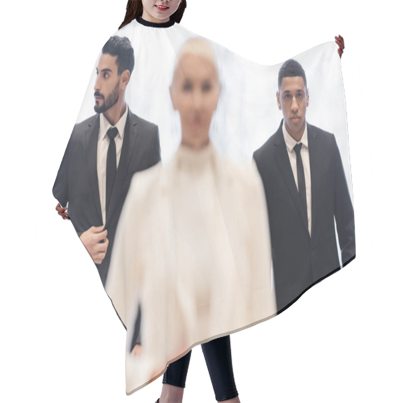 Personality  Interracial Bodyguards In Formal Wear Escorting Blurred Businesswoman During Business Trip Hair Cutting Cape