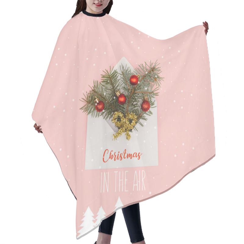 Personality  Top View Of White Envelope With Fir Twigs And Shiny Christmas Baubles Isolated On Pink With 