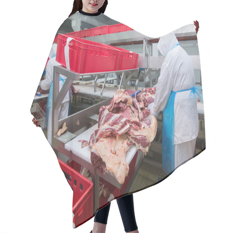 Personality  Cutting Meat Slaughterhouse Workers In A Meat Factory. Hair Cutting Cape