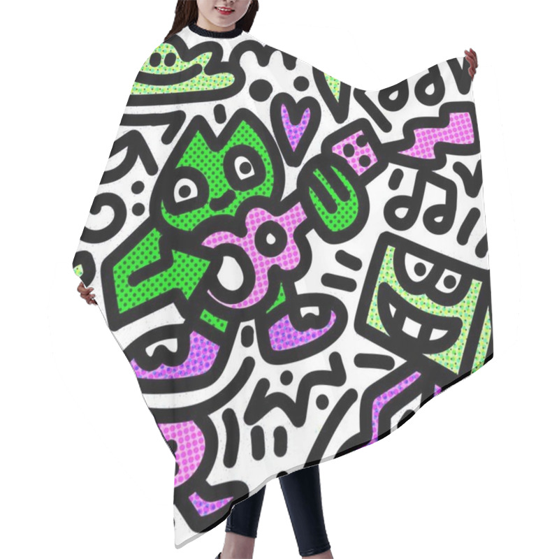 Personality  A Vibrant And Playful Illustration Of Abstract Cartoon Characters Playing Music, Featuring A Mix Of Colorful Shapes And Symbols, Enhanced With A Halftone Effect For A Retro Comic Vibe Hair Cutting Cape