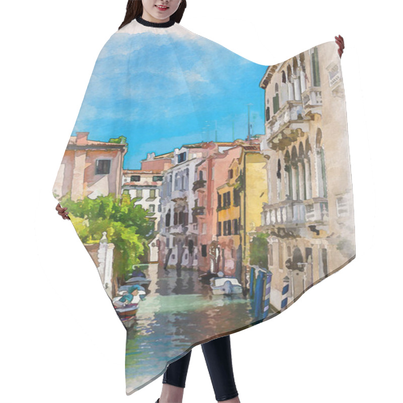 Personality  Watercolor Drawing Of Typical Venice Narrow Water Canal With Moored Boats Between Old Colorful Buildings With Balconies And Brick Walls, Veneto Region, Italy. Traditional Venetian Cityscape, Blue Sky Hair Cutting Cape